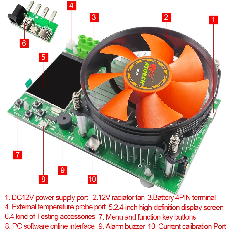 150W 4-wires Battery Capacity Tester 2.4 Inch TFT Color Screen CNC Type Electronic Load Power Discharge Tester with EU Adapter