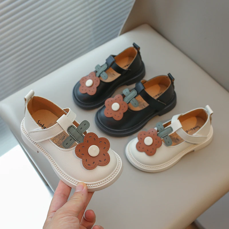 Baby Girls Leather Shoes Kids T-strap Flats with Sweet Flowers Toddlers Children Kindergarten School Princess Fashion Shoes Soft