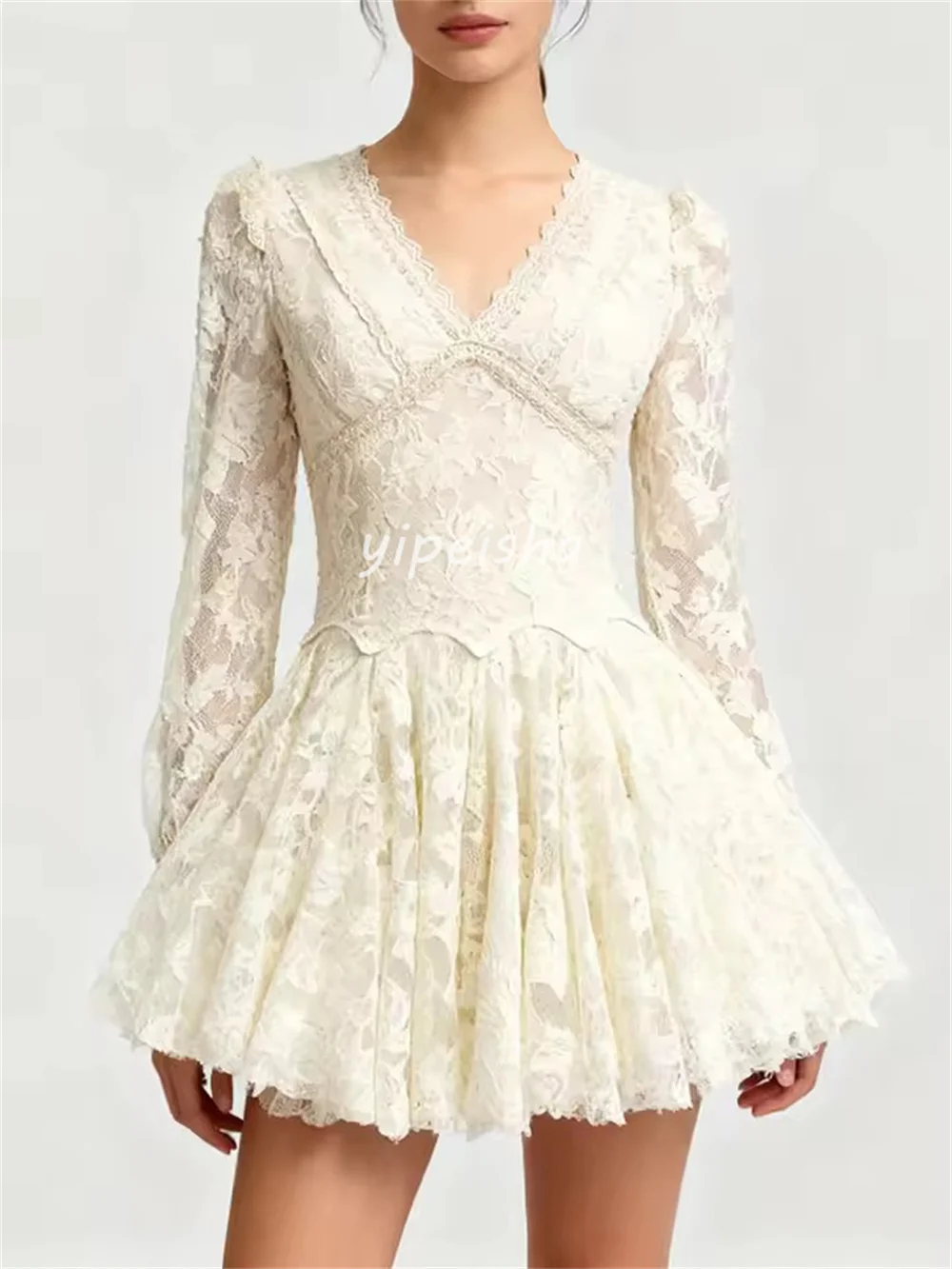 Customized Exquisite Elegant Lace Pleat A-line V-neck Short Dresses Bespoke Occasion Dresses Sizes Available Chinese Style