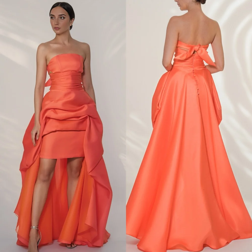 

Customized High Quality Elegant Charmeuse Ruched A-line Strapless Hi-Lo Dresses Bespoke Occasion Dresses Sizes Available Formal