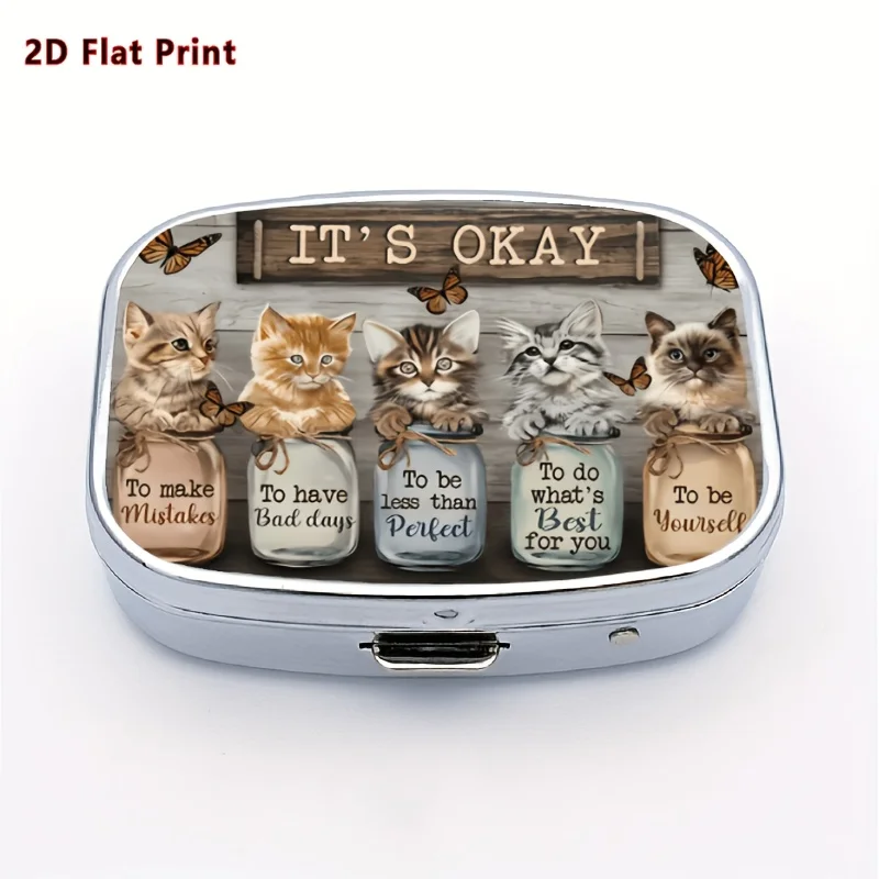 Flat 1-Piece It's Okay (It's Okay) Illustration Healing-Themed Kitten Design Rectangular 2-Compartment Medicine Box Multifunctional Storage, Suitable for Home Travel Portable Storage Organizer - a Great Holiday Gift for Friends and Family