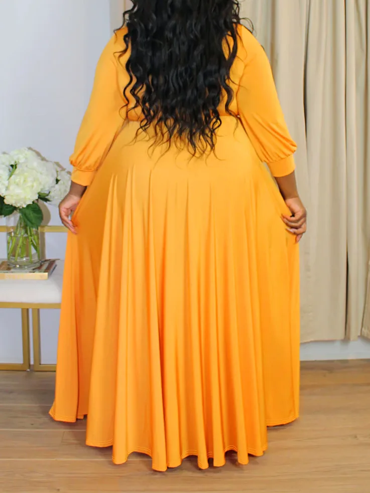 Fall Winter Elegant Comfortable V-neck Long Dress with Belt Full Sleeves Casual Maxi Dresses Plus Size Clothing