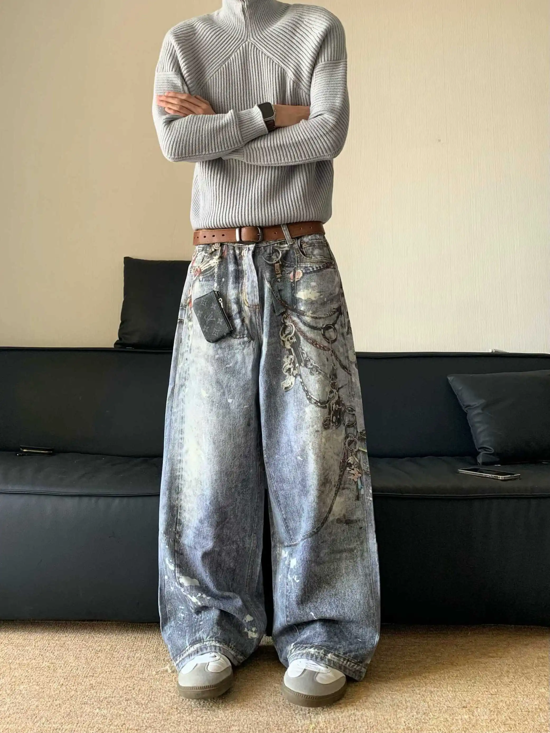 جينز ريترو أمريكي هاي ستريت ثلاثي الأبعاد مطبوع رقمي جينز فضفاض للنساء Sle تلاشى صبغ متشثر فضفاض مستقيم الساق جينز