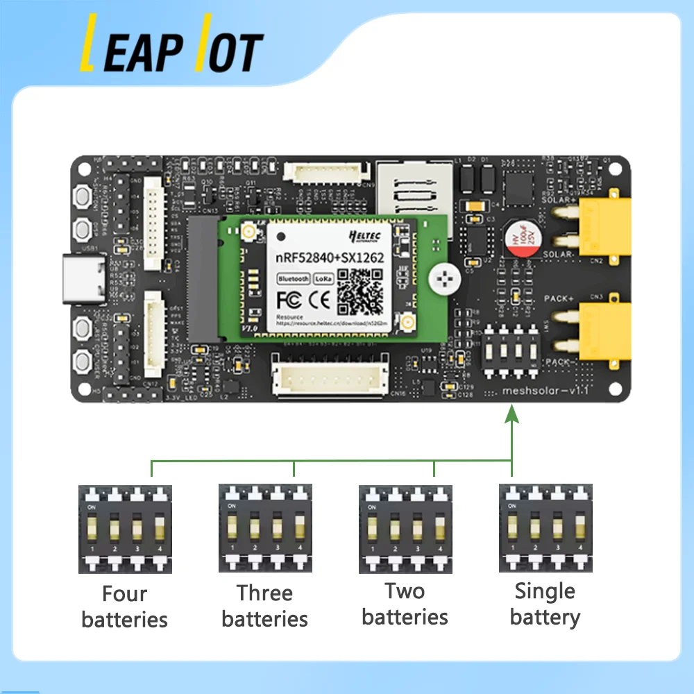 

MeshSolar Li-ion BMS Heltec nRF52480+SX1262 Meshtastic Dev-Board 1-4 Cells 18-24V Solar DC/MPPT/USB PD3.0 Charging 10km BLE LoRa