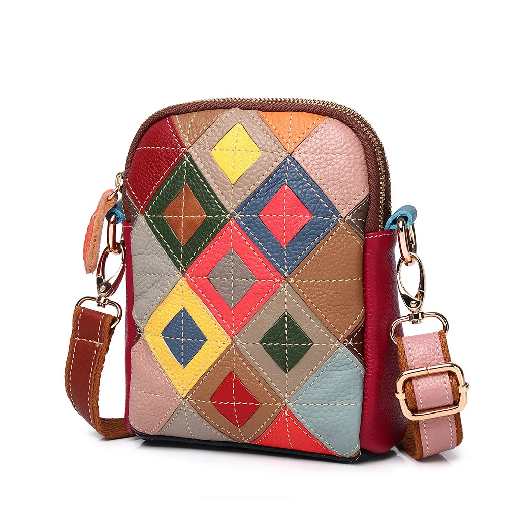 

Annmouler Designer Women Crossbody Bag Patchwork Shoulder Bag Genuine Leather Phone Bag Smart Phone Pouch 2 Layer Phone Case