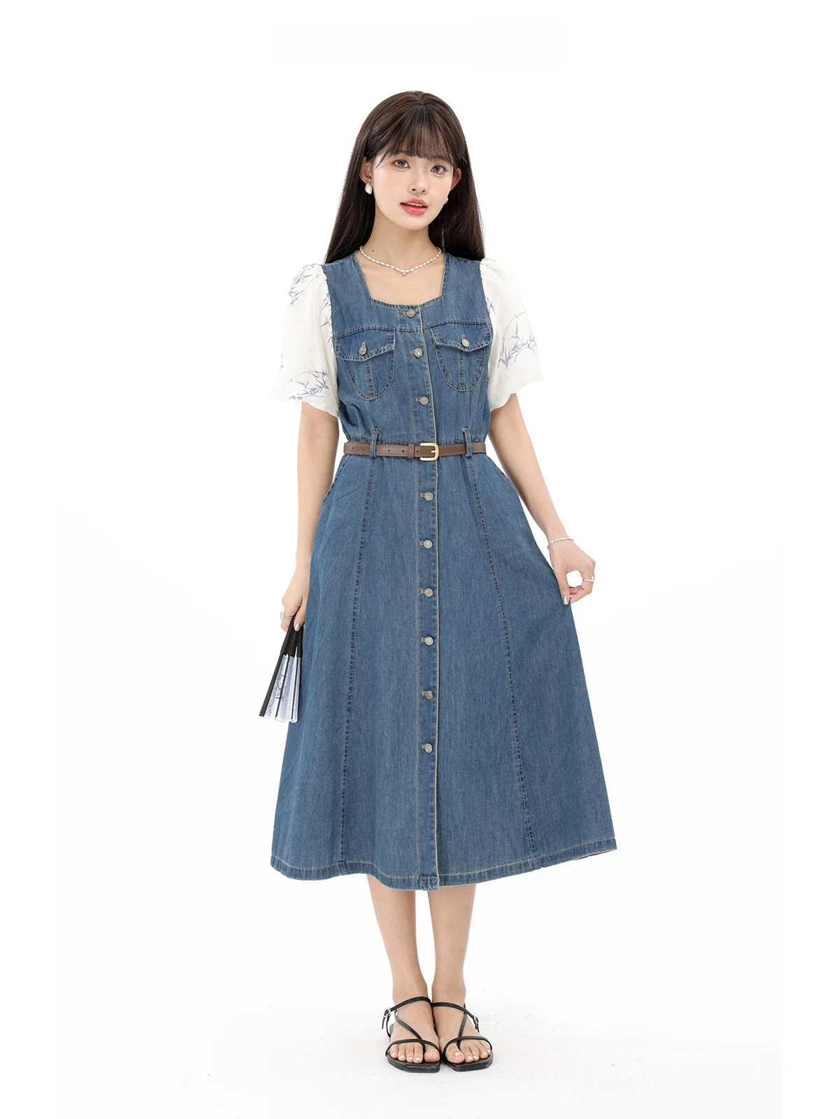 

American Retro New Chinese Style Square Collar Lantern Sleeve Denim Dress Women's Waist Cinching Slimming Long Summer Dress