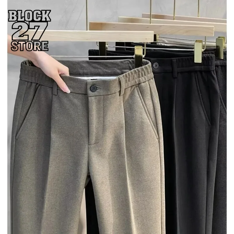 

Harajuku Men's Woolen Straight Leg Pants Autumn Winter Thickened Casual Long Trousers Fashion Korean Style Nine Points Pants New