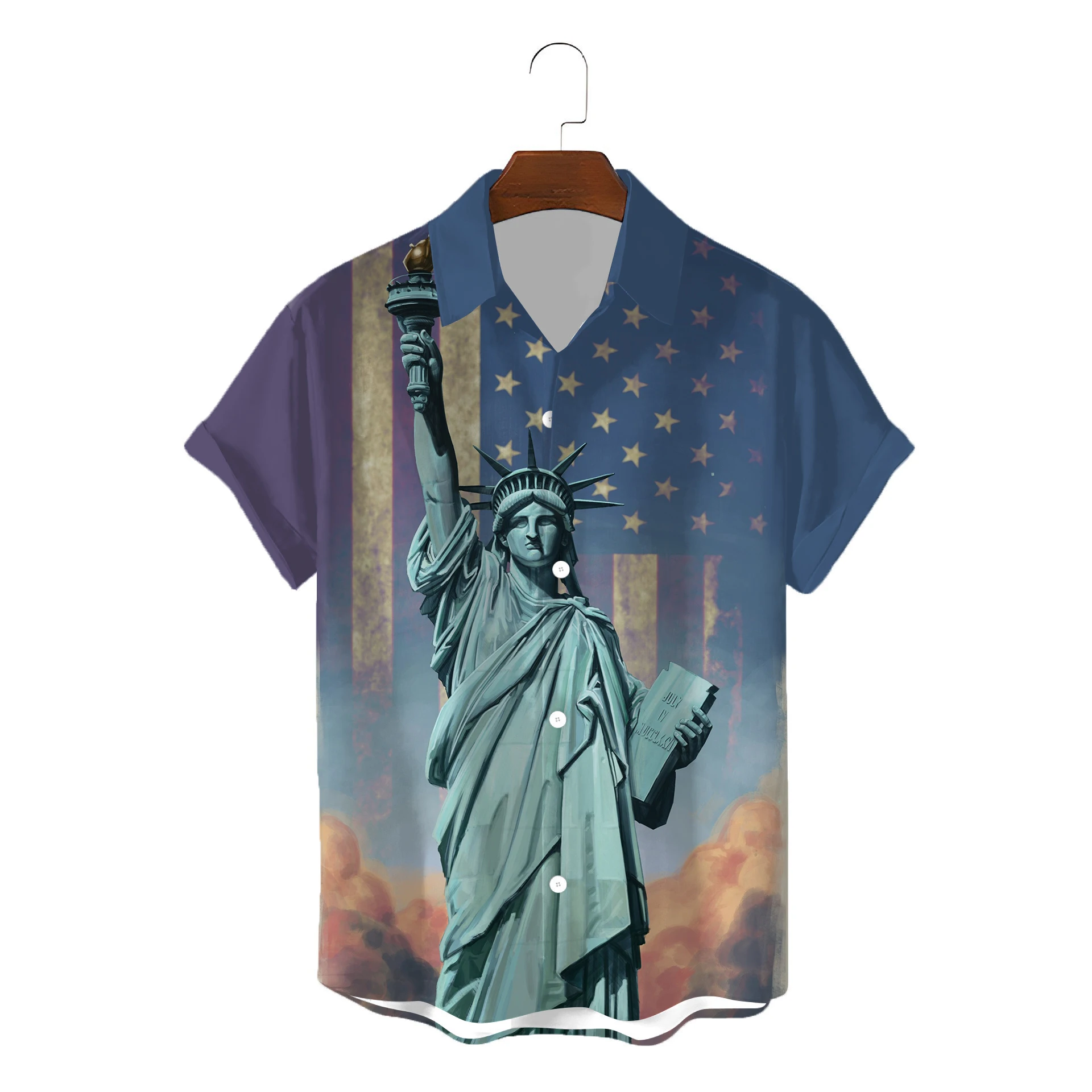 

Summer Hawaii man shirt America Lady Liberty printing Shirt Europe Retro style Casual Fashion Men's shirt Button Lapel Tops