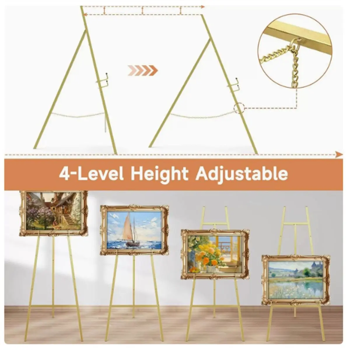 Big Discount Gold Easel Stand for Sign, Display Easel with Adjustable Chain, 4-Tier Art Easel for Painting, Wedding Sign