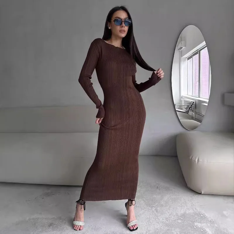 2024 Autumn And Winter Long Sleeved Tight Knit Dress For Women, Simple Solid Color Round Neck Slim Fit And Slimming Long Dress