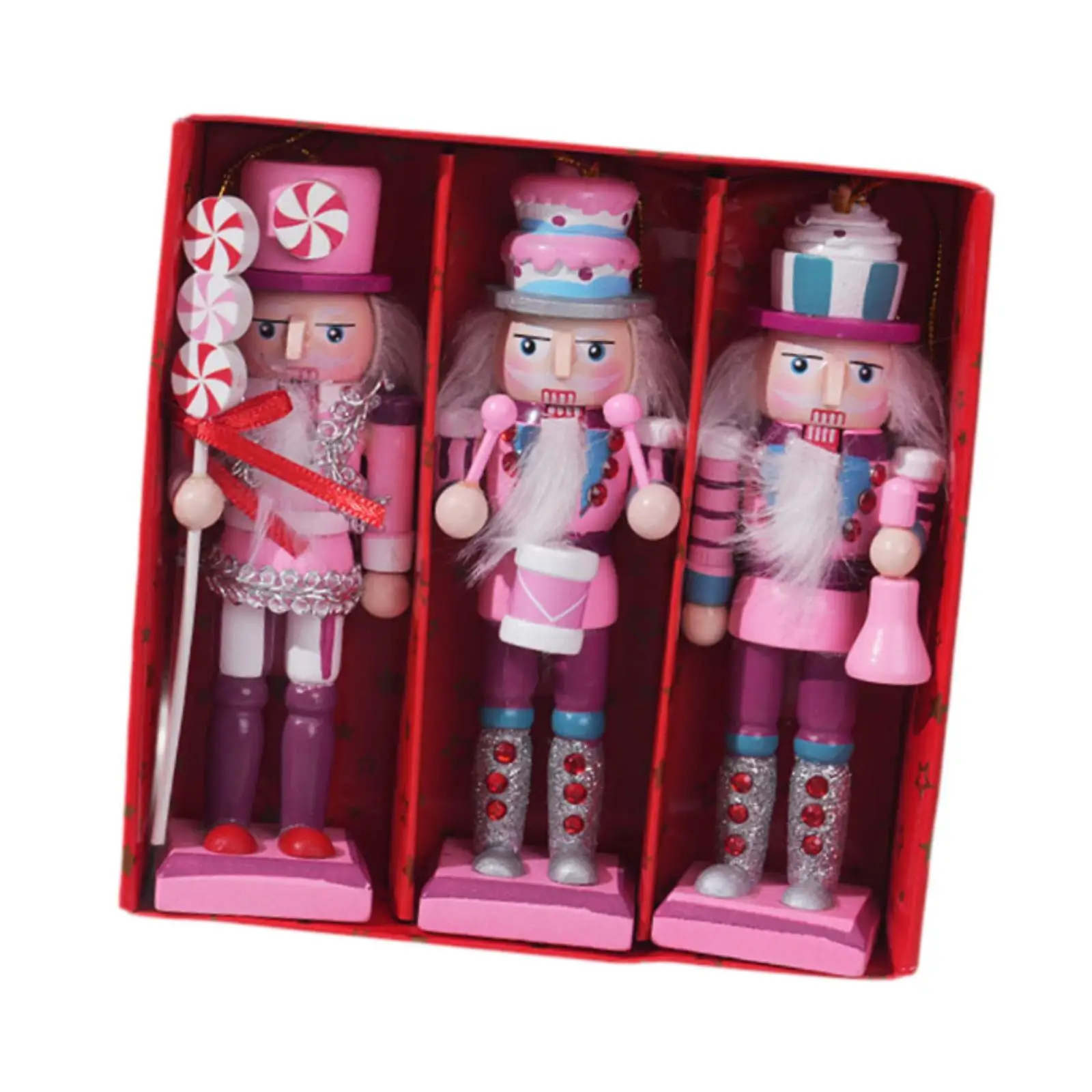 Set of 3 Pink Glitter Wooden Nutcracker 13cm Handmade Decorative for Holiday Display Multifunctional Christmas Decoration