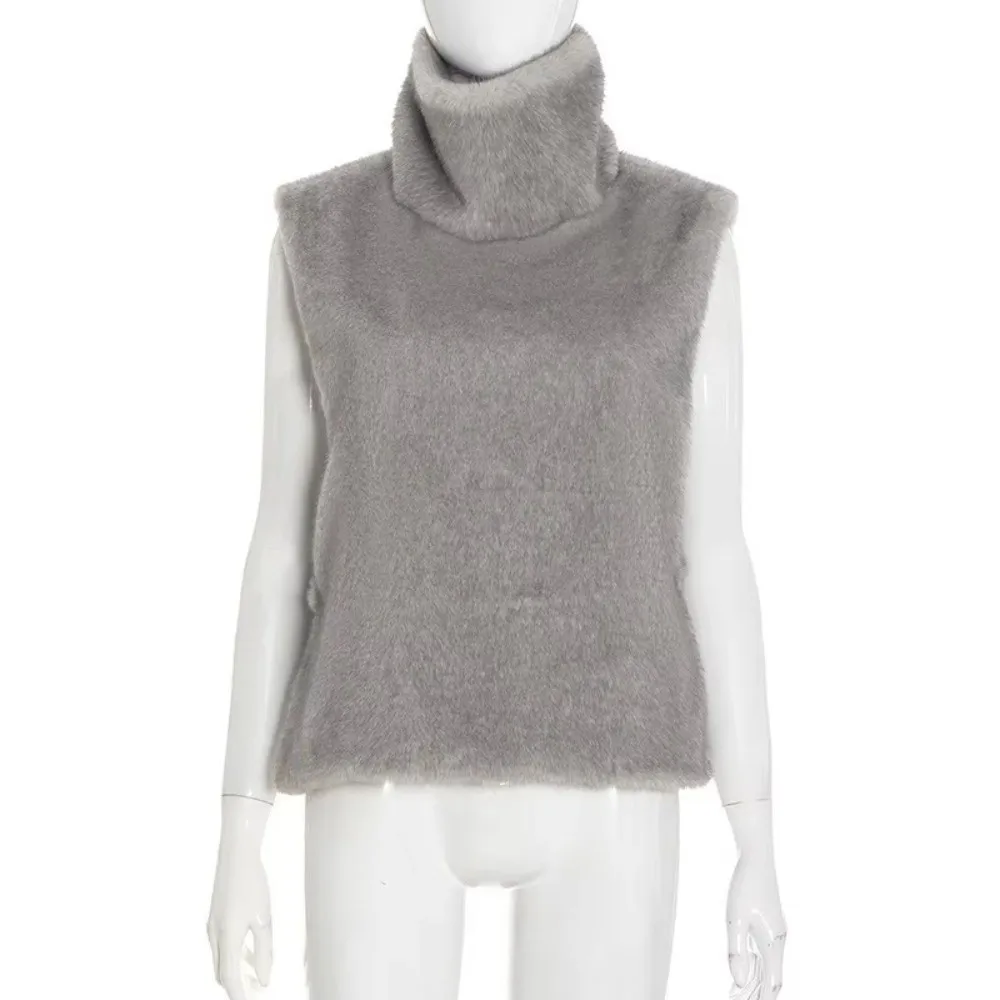 

Новые топы на бретелях с воротником из эко норки, пушистый многослойный укороченный топ, утепленный жилет из искусственного меха с высоким воротником, осень-зима