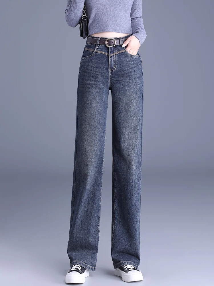 

Ретро джинсы с высокой талией и расклешенными штанинами для женщин, весна-осень-зима, новый стиль, утягивающие повседневные брюки, маленькие размеры, на флисовой подкладке, широкие штанины