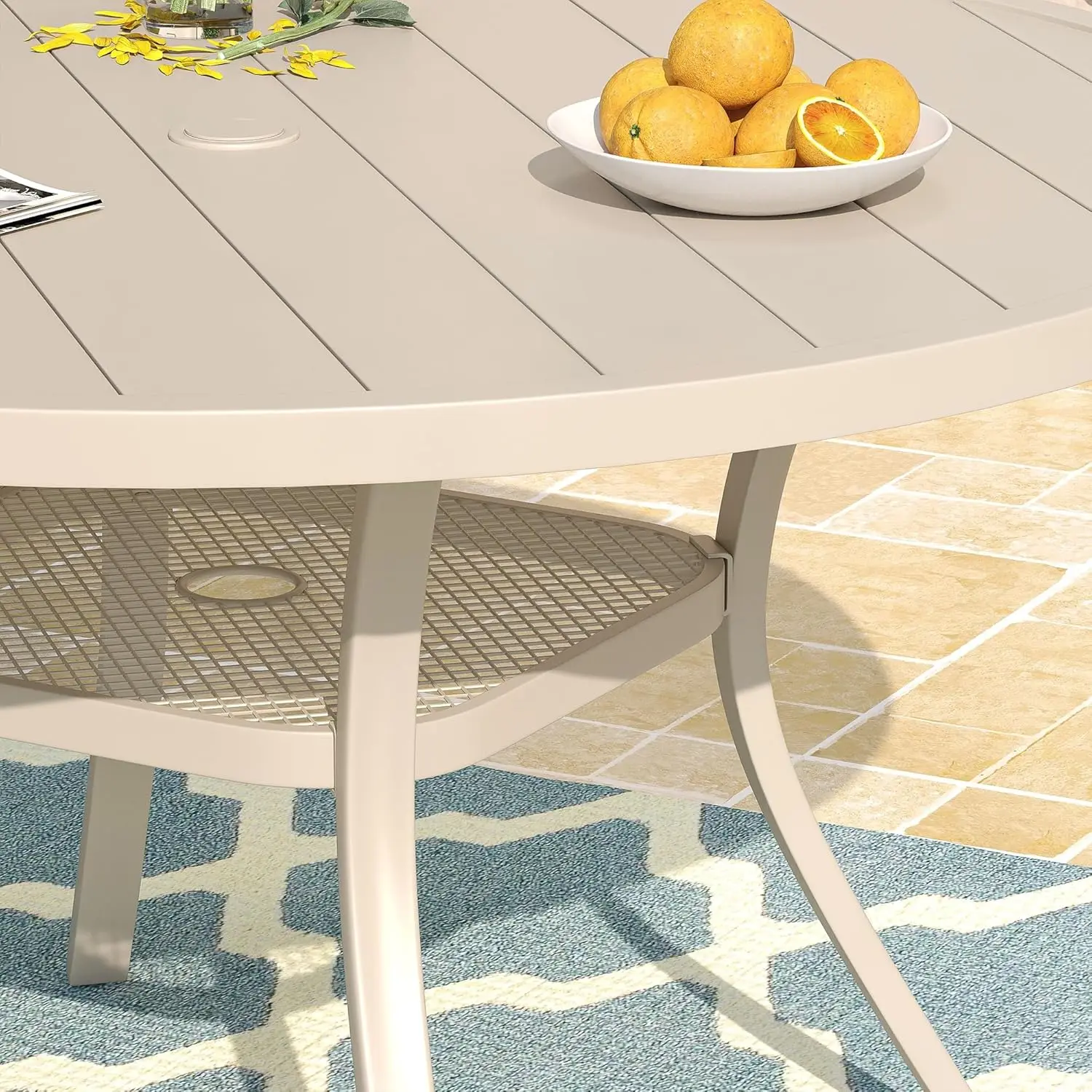 Table à manger ronde de patio de 48 po pour 6, table à manger extérieure en métal avec trou pour parasol de 1,57 po pour jardin de pelouse arrière-cour, coque de sable