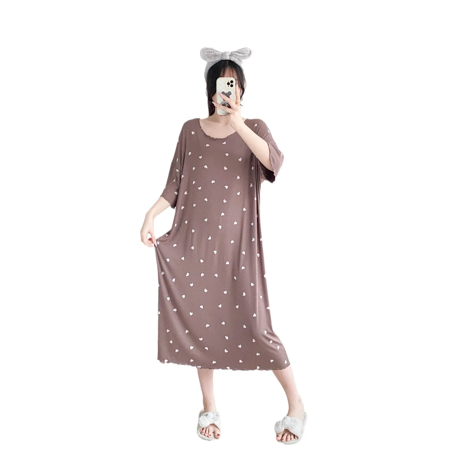 Oversized Women Heart Printing Nightdress Summer New Short Sleeve Ladies Sleepwear Loose Long Casual Pregnant Woman Nightgown