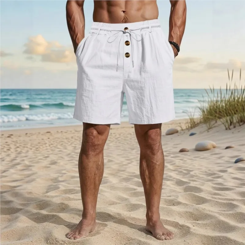 Summer new cotton and linen men's shorts 2026 Hawaii loose fashion casual button decoration men's beach shorts