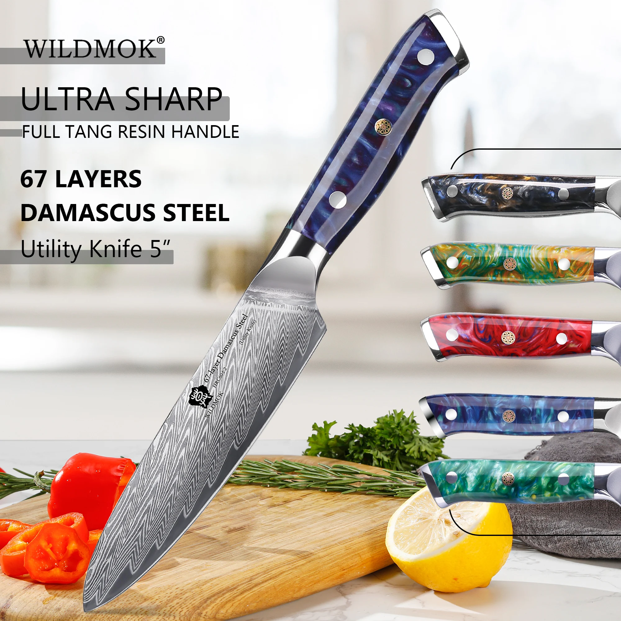 

WILDMOK 67 Layer Damascus Vg10 Steel 5"Utility Knife Multipurpose Knife for Peeling Dicing, Professional Resin Handle