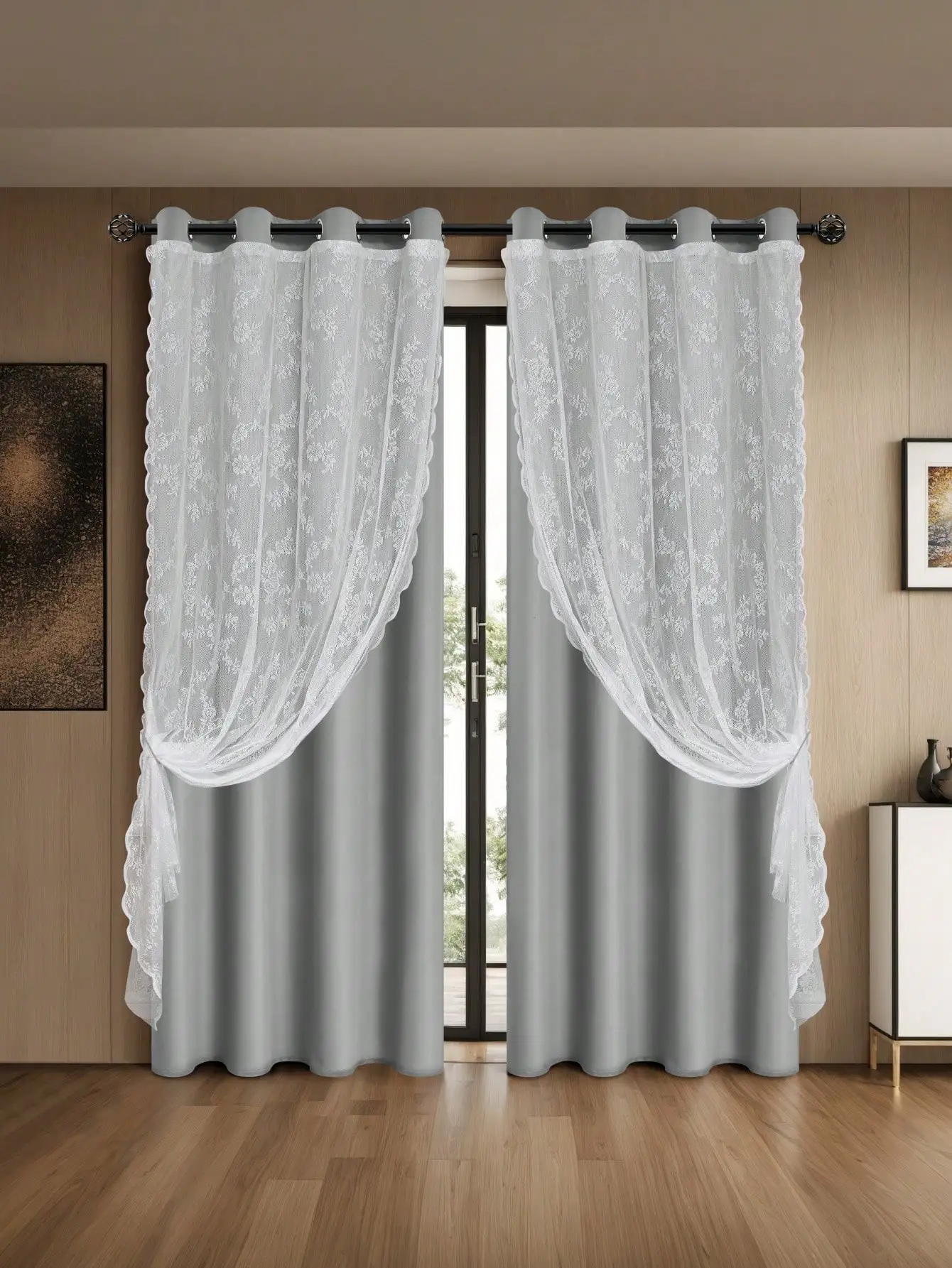 1pc Modern Solid Color Double Layer Curtains with Tie Rope, Full Blackout Perforated Curtains, Suitable for A Variety of Rooms