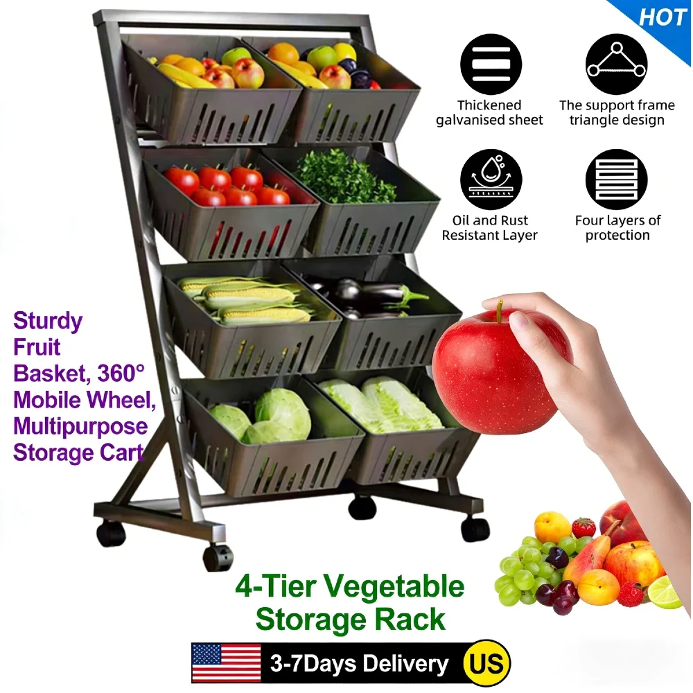

Rolling Kitchen Storage Cart 4-Tier Metal Detachable Fruit Vegetable Basket Rust-Proof 360° Wheels for Pantry Bathroom Laundry