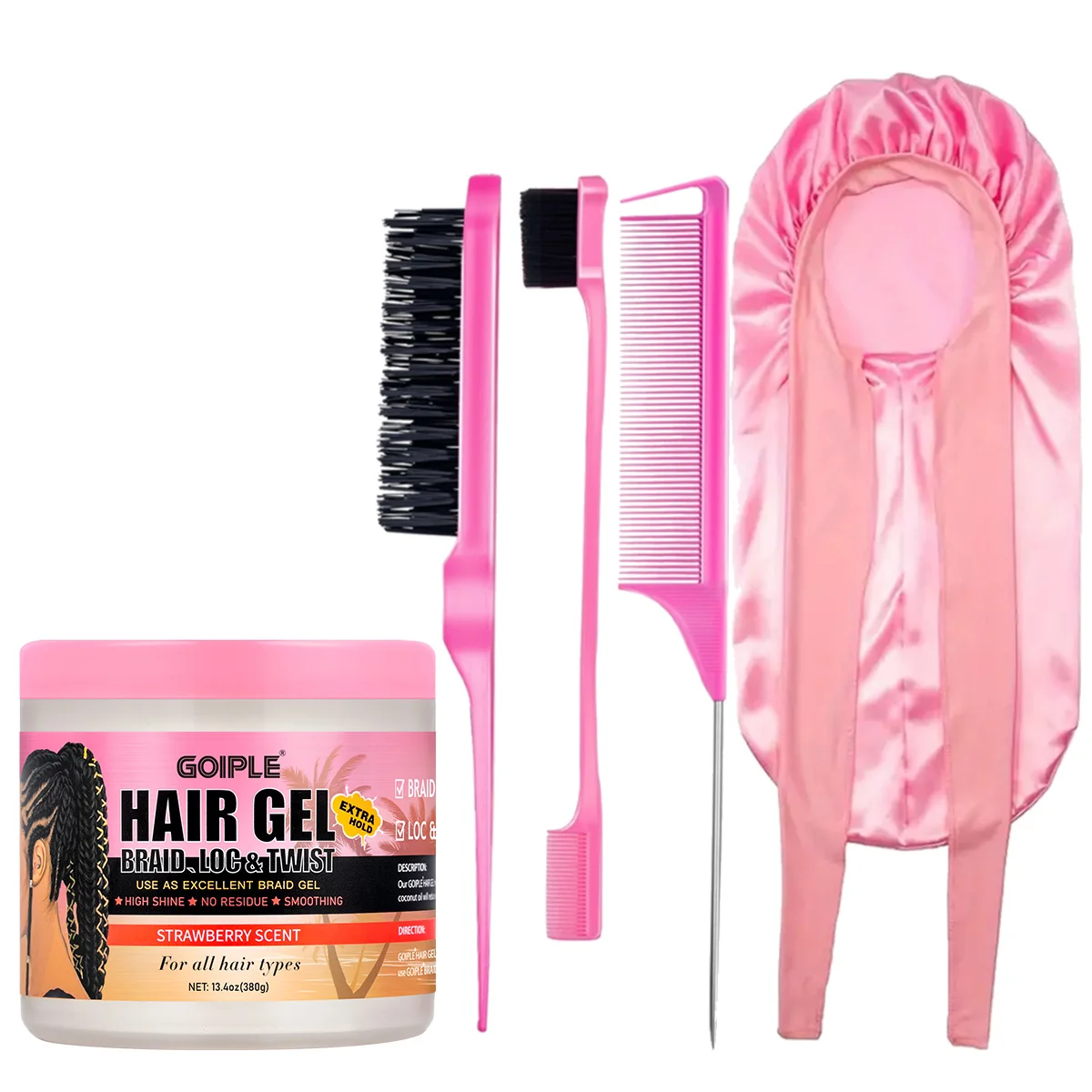 Extreme Hold Hair Gel Strawberry Non-Sticky Hair Wax,All Day Styling Braid Gel for Smooth Out Edges and Frizz with Comb Nightcap