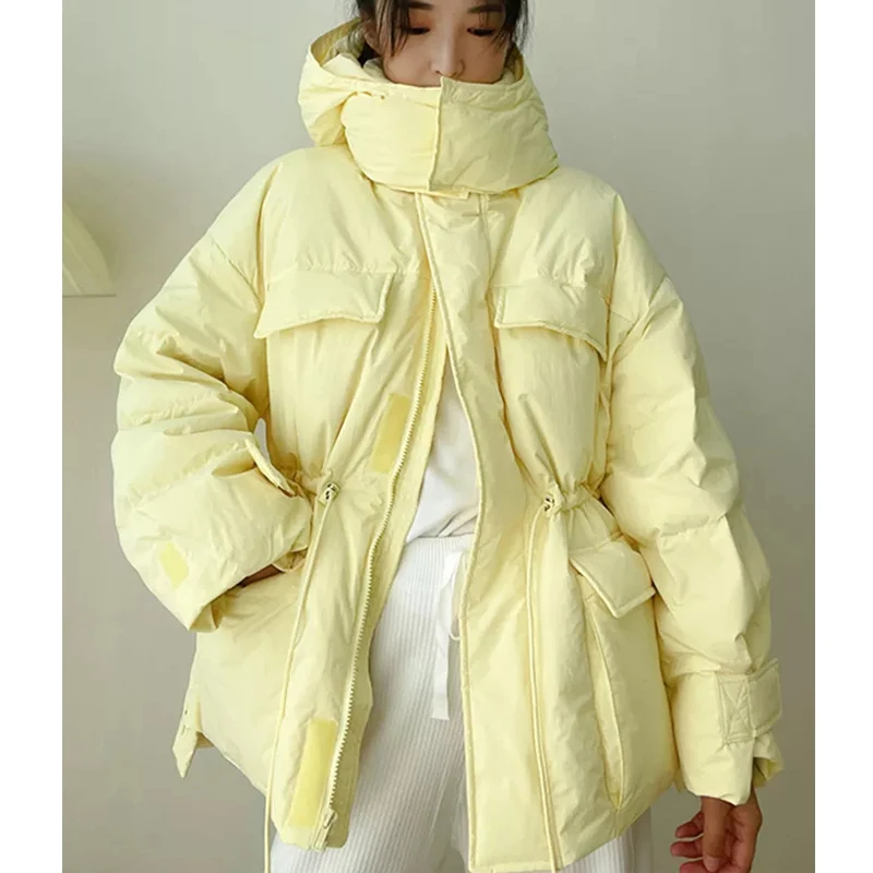 

Winter Hooded Parkas Warm Jacket Women Down Cotton Coat Irregular Fluffy Bubble Drawcord Waist Outwear