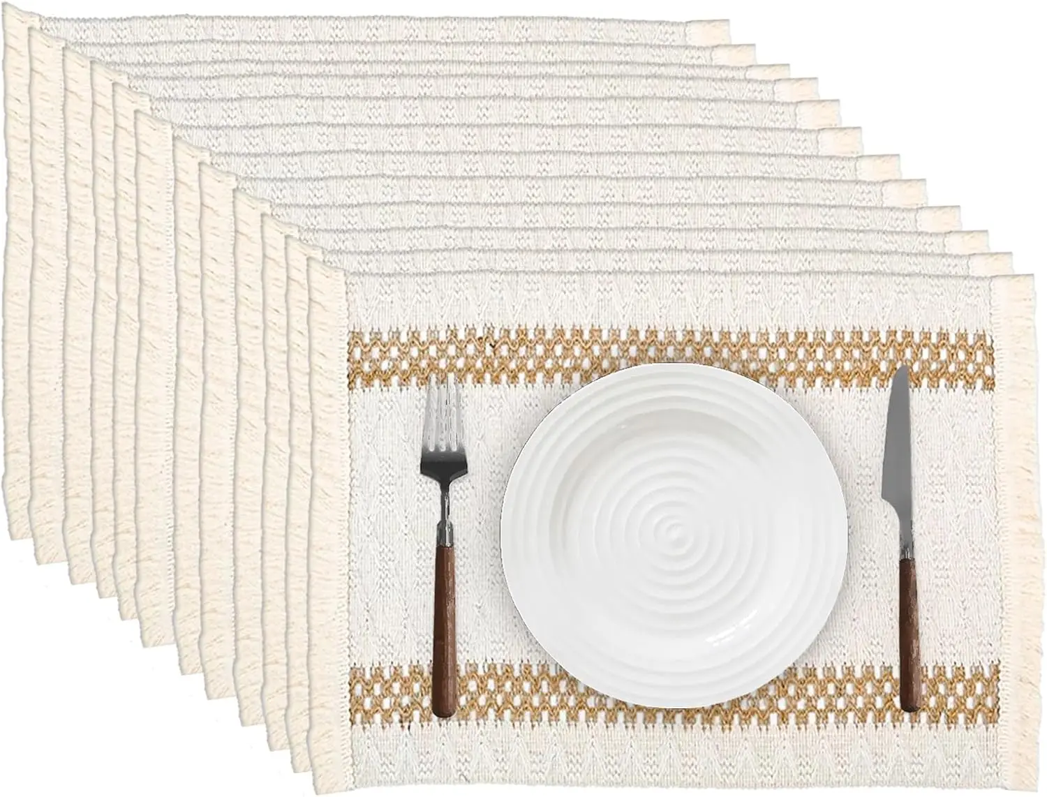 

Set of 12 Boho Placemats, 12x18 Inch Natural Cotton Burlap with Tassels for Dining Table Decor Thanksgiving Home