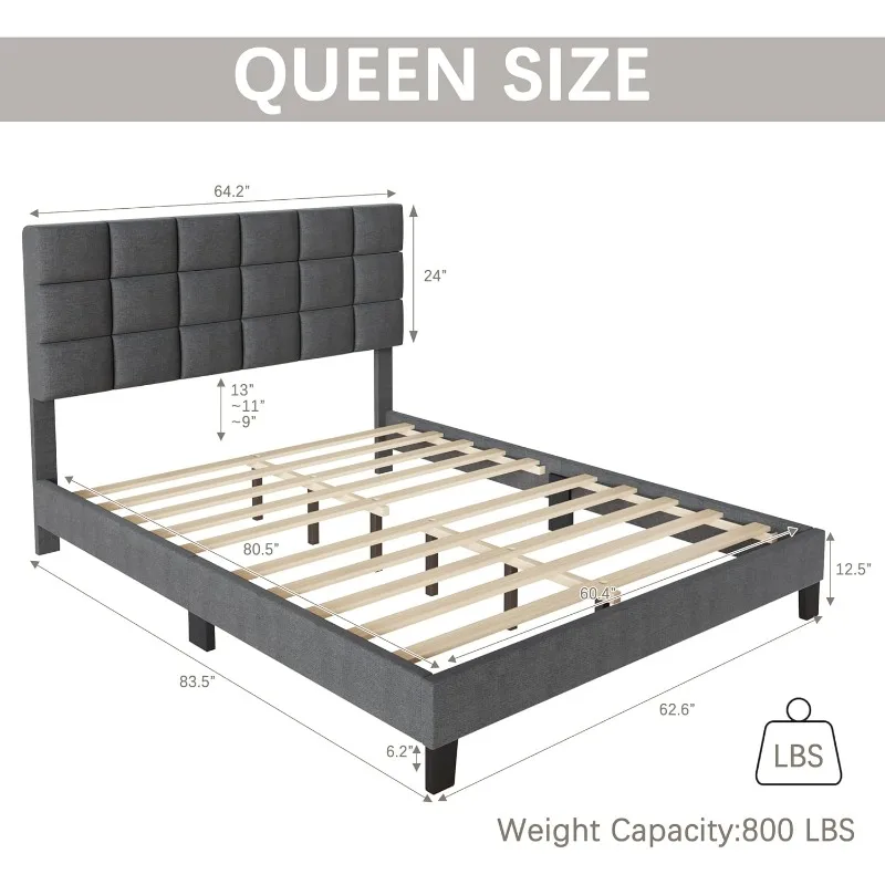 Queen Bed Frame Upholstered Platform with Adjustable Headboard Linen Fabric Tufted Wooden Slats Support, Dark Grey