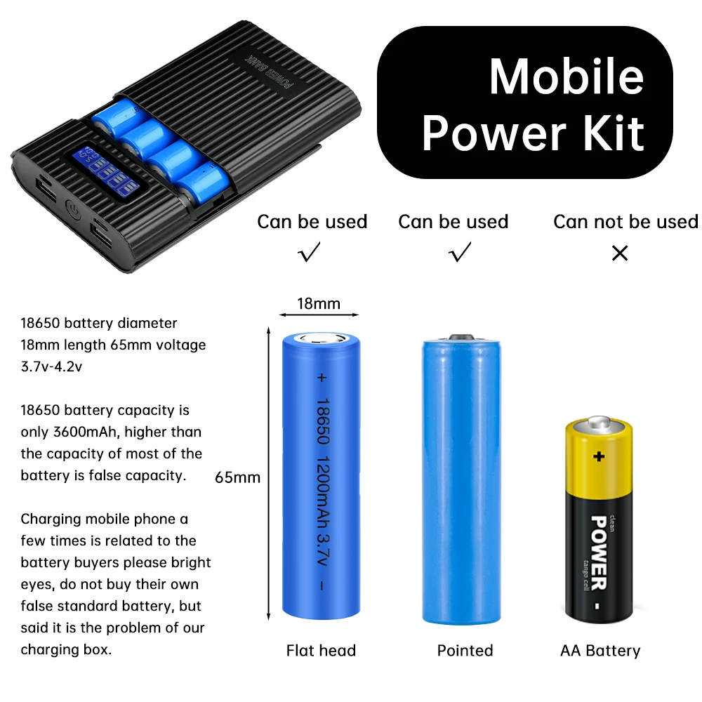 Support de batterie externe pour téléphone portable, étui de banque d'alimentation, USB, affichage numérique, chargement, coque de bricolage, boîte de rangement, 18650x4, 5V, touristes, 18650