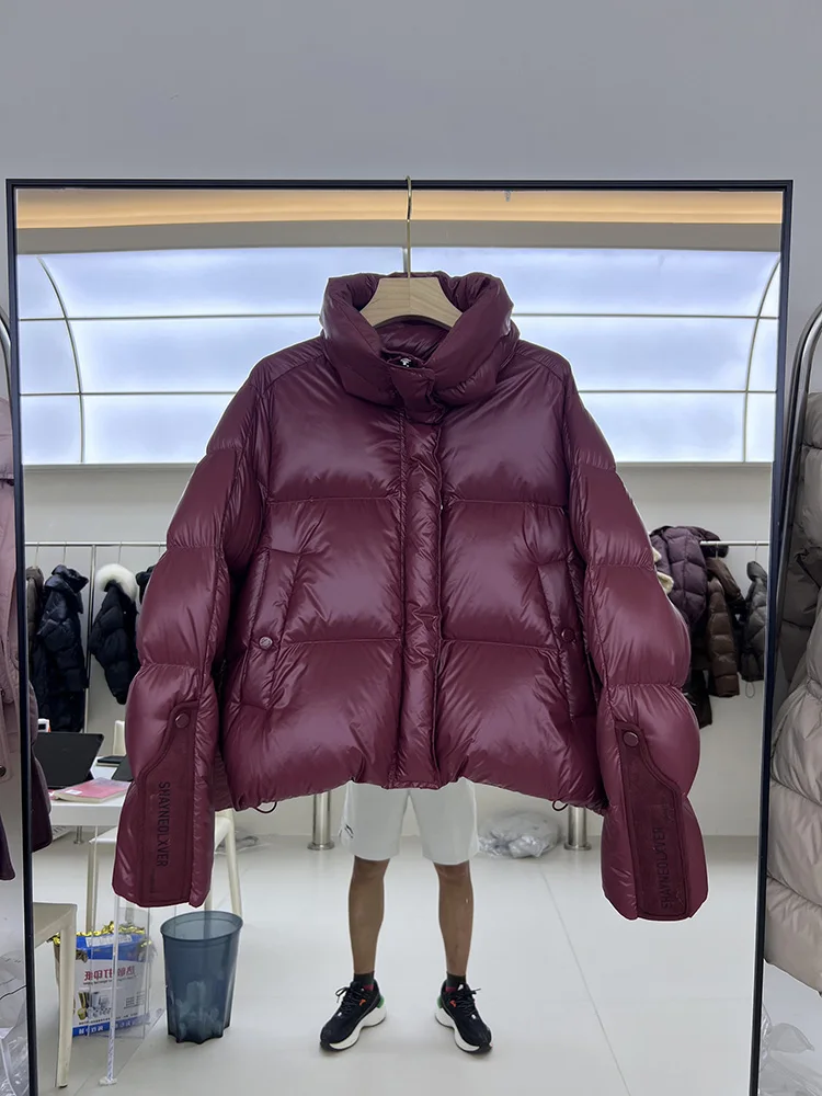 

Korean Version Sleeve Cloth Patch Splicing Design Sense Stand Collar Loose Women Winter New White Duck Down Jacket