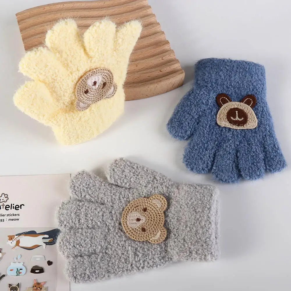 Autumn Bear Baby Fluffy Gloves Rabbit Korean Style Cartoon Pattern Gloves Full Finger Flower Knitted Mittens Children