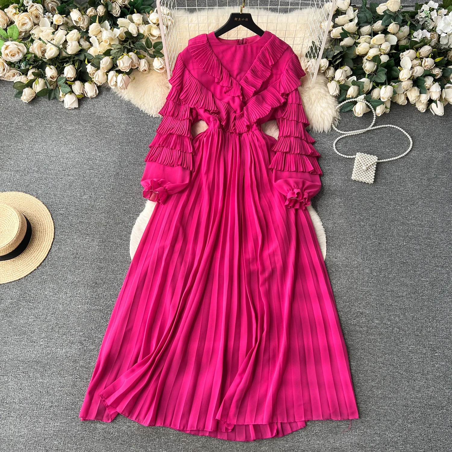 Chic Ruffle Pleated Long Sleeve V Neck Dress Chiffon A-line Casual Dresses Korean Fashion Women Elegant Vestidos