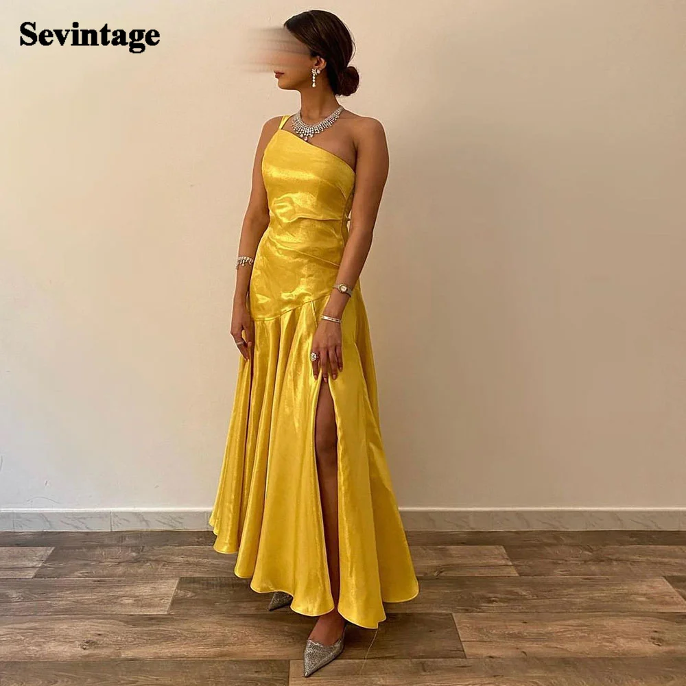 

Sevintage Yellow Saudi Arabia Midi Evening Party Dresses Side Split Prom Dresses Dubai Mermaid Vestidos De Festa Gala Prom Gowns