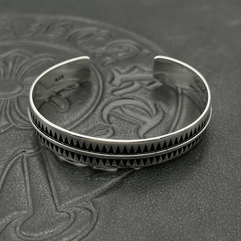 

S925 sterling silver trendy brand retro and old hip-hop serrated opening bracelet men's and women's bracelet.