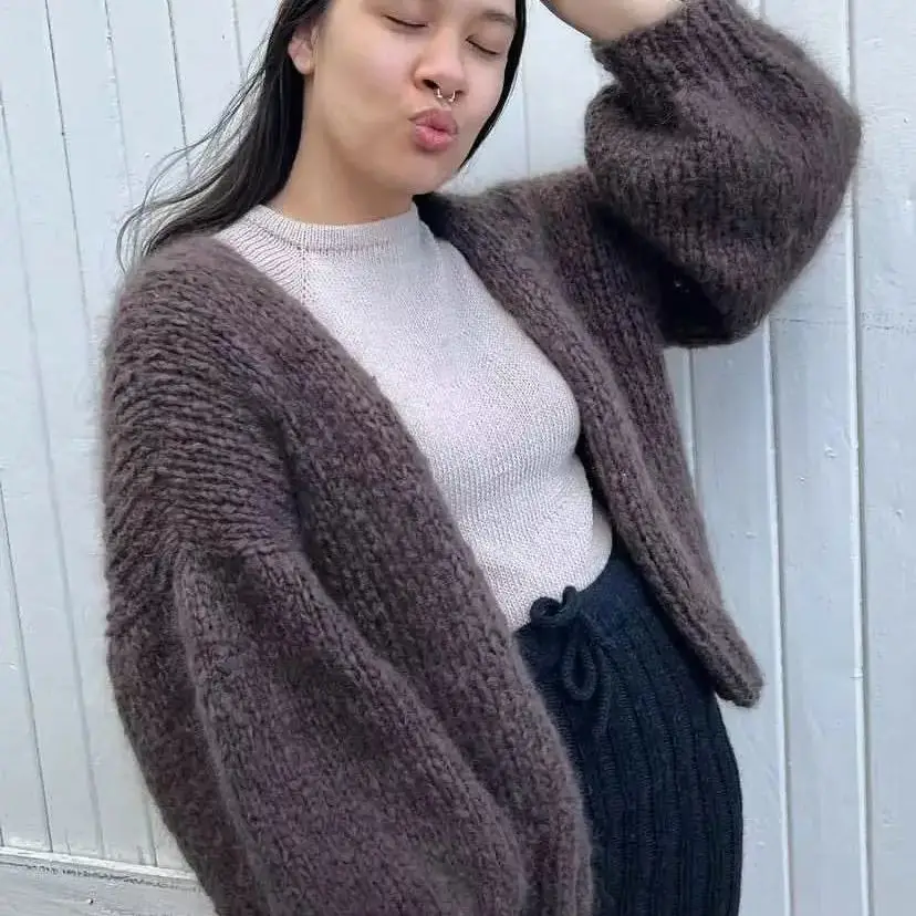 autumn New Handwoven Loose Lazy cardigan Hairy Sweater Jacket Women's Knitted Sweater Jacket, Lazy Style Milk White Simp top
