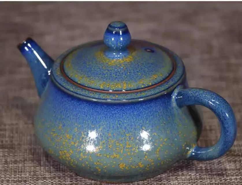 Old Blue and gold speckled glaze Jun porcelain tea pot; gongfu tea pot,collection decoration