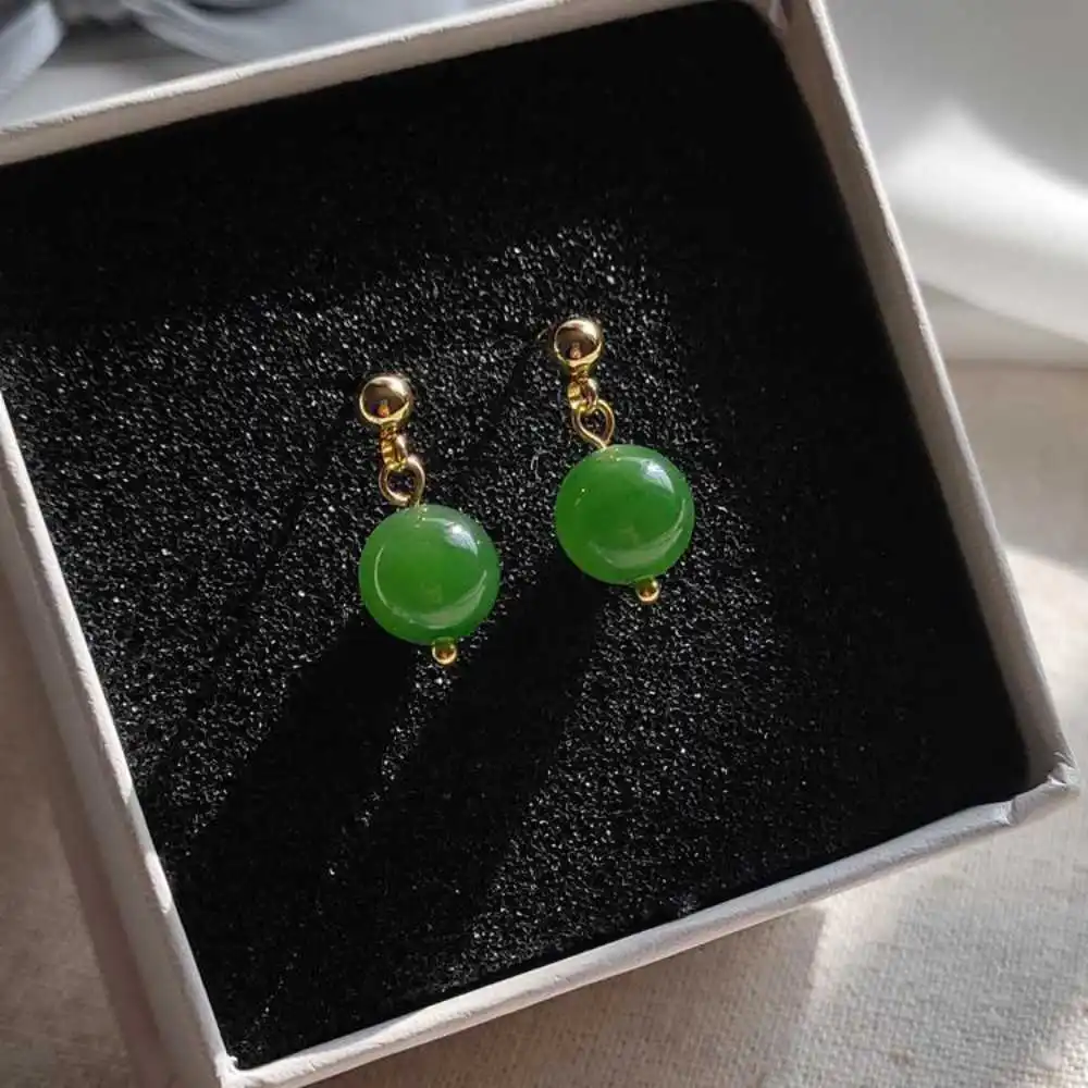 10MM Natural Green Jade Earrings 18k Hook Eardrop New Year Aquaculture Freshwater Halloween CARNIVAL Diy Classic Ear stud