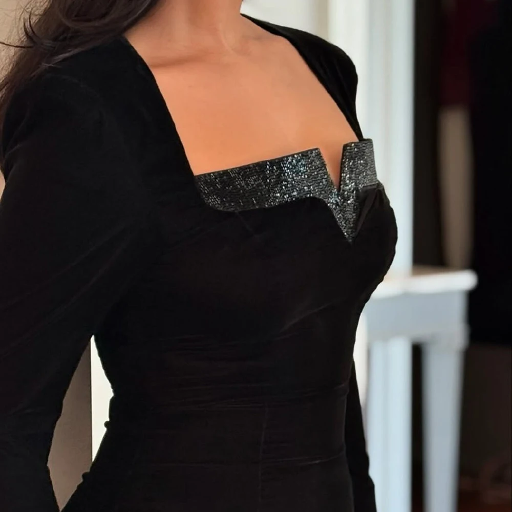 Robe de soirée sirène personnalisée, longueur au sol, col carré, manches longues, robe de bal, paillettes, Simple, drapée, à la mode