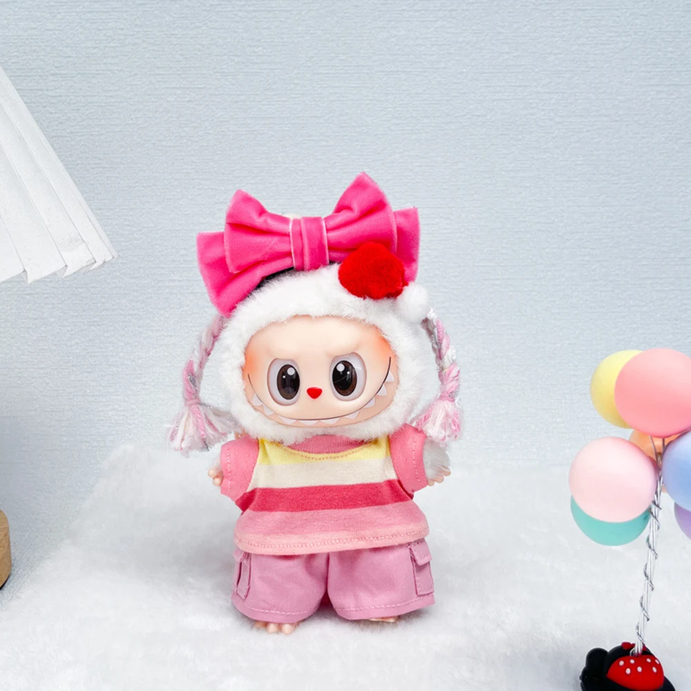 

Милый стиль для наряд LABUBU, повязка на голову с розовым бантом, полосатый топ, брюки-карго, подходит для фестиваля 15/17 см, 2-го, 3-го поколения, подарок