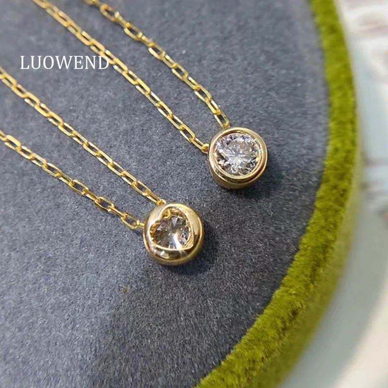 LUOWEND 100% 18K Yellow Gold Necklace Fashion INS Style 0.10carat Real Natural Diamond Necklace for Women High Birthday Gift