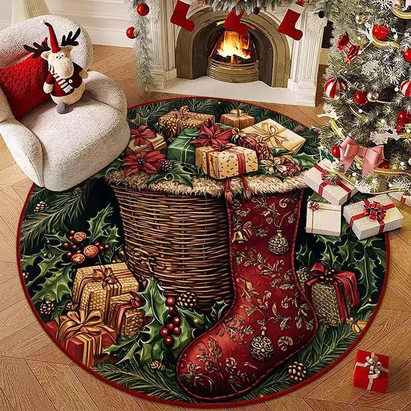 VIKAMA Circular Christmas Carpet Vintage Christmas Holly Gold Star Gift Box Floor Mat Living Room Holiday Home Christmas Decor