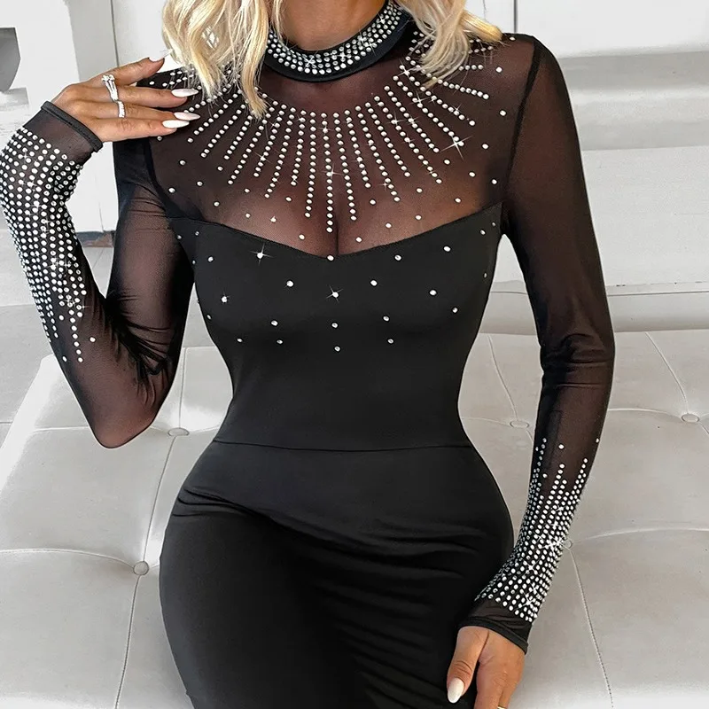 2024 Spring Summer New Women's Clothing Pure Color Mesh Rhinestone Stitching Long Sleeve Dress