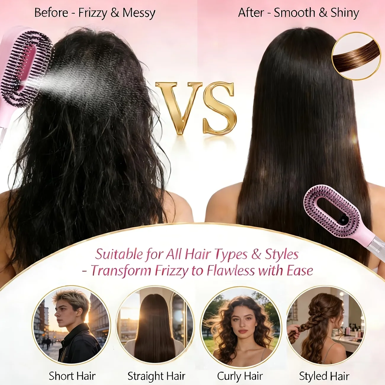 5-teiliges Haarstyling-Set: Kopfhautmassagekissen, Kamm, Sprühflasche, Haaransatzbürste, Haarflieger-Bürste, Hohlkamm – Detail 8