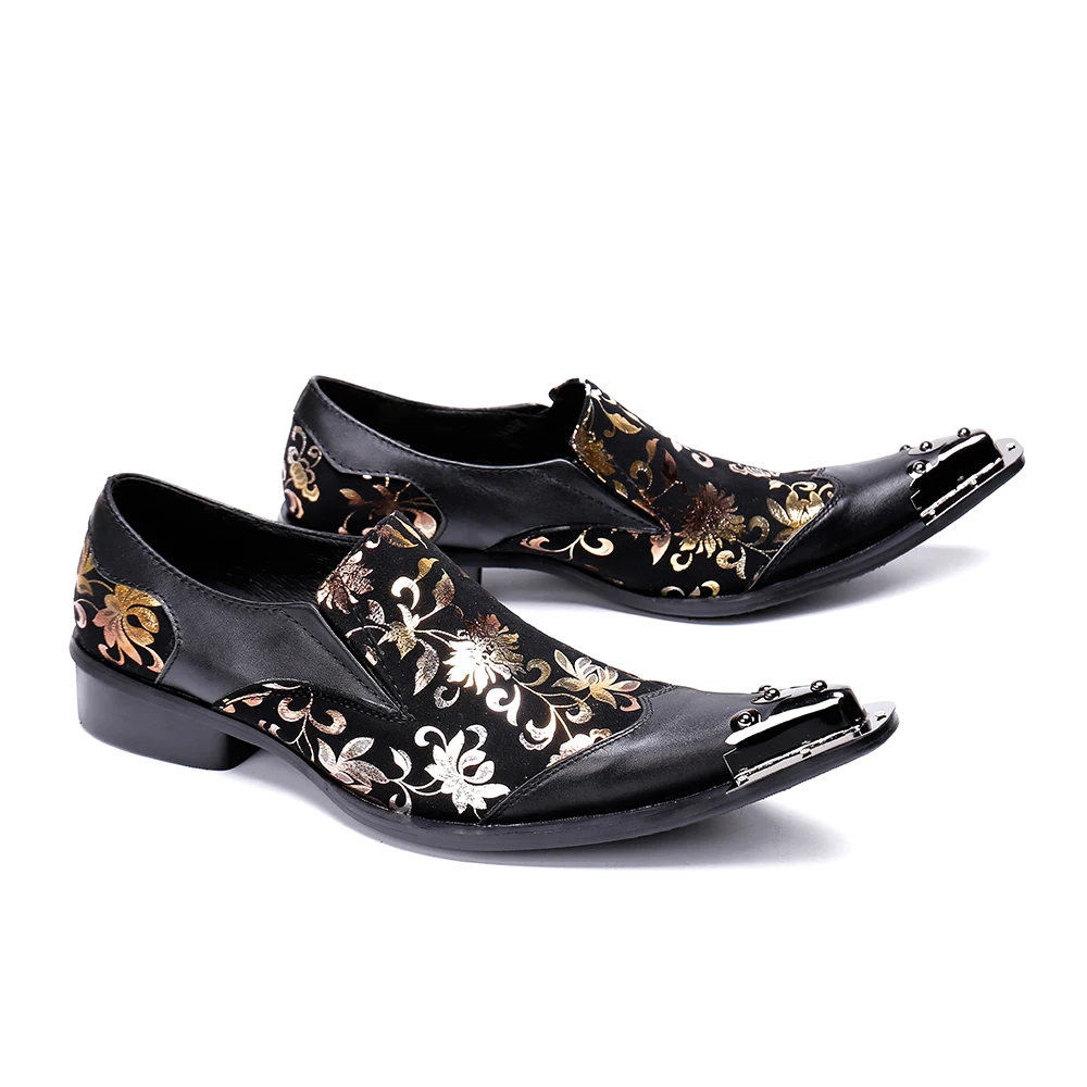 New Gold Floral Print Patchwork Men Suede Leather Formal Shoes Metal Pointed Toe Man Big Size Black Wedding Party Oxford Shoes