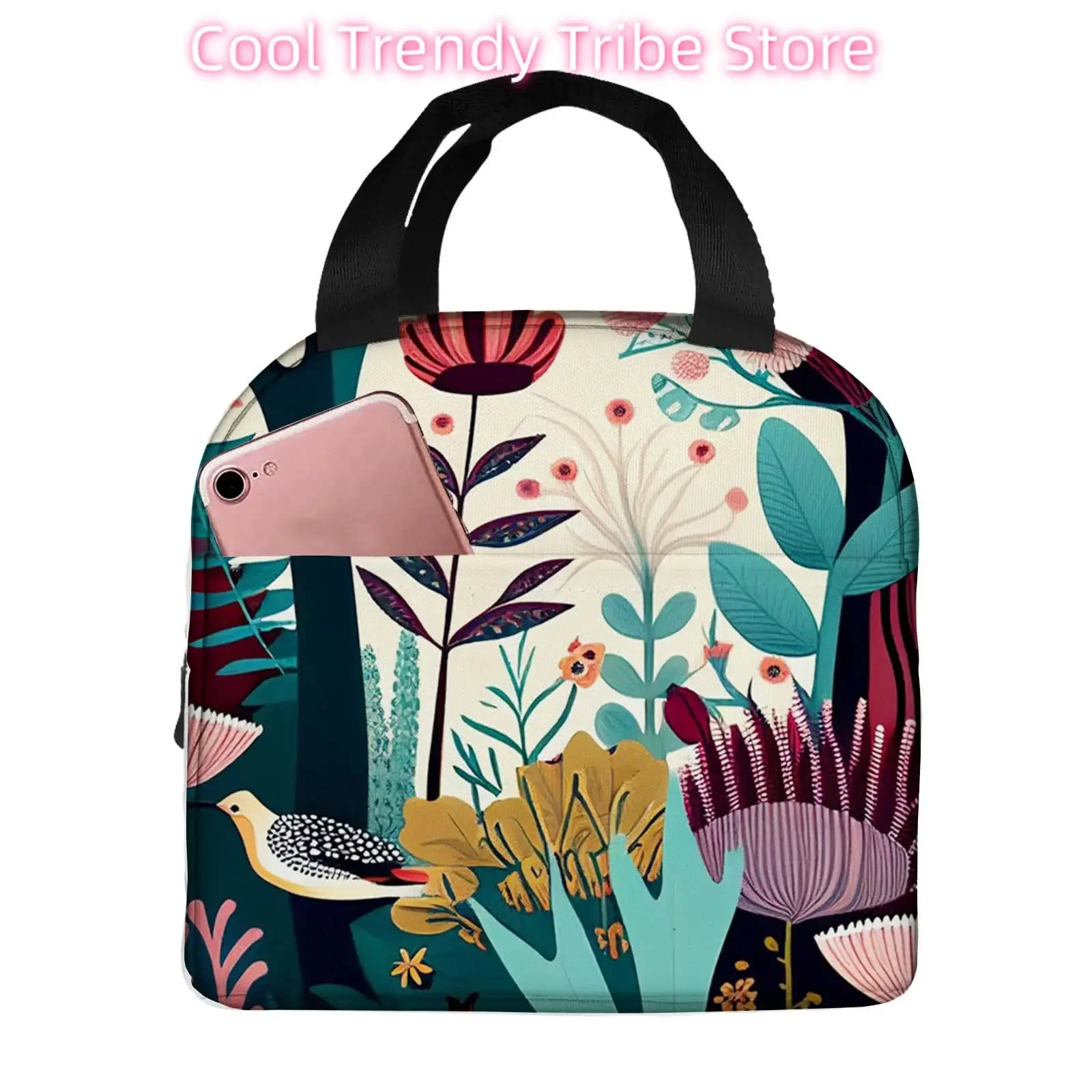 Rportable Lunch Bag for Women Men Insulated,reusable Lunch Box for Office Work Picnic Beach,Botanical Plant and Colors Lunch Bag