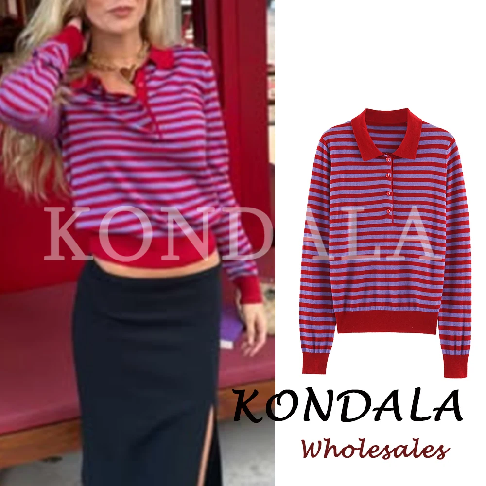 KONDALA Vintage Modern Purple Striped Polo Women Sweater Autumn Long Sleeve Office Lady Knit Top Casual Y2K Pullover Knitwear