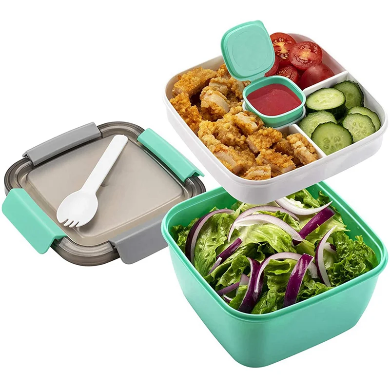 Lunchcontainer Te Gaan, 1500Ml Saladekommen Met 3 Compartimenten, Container Voor Salade Toppings