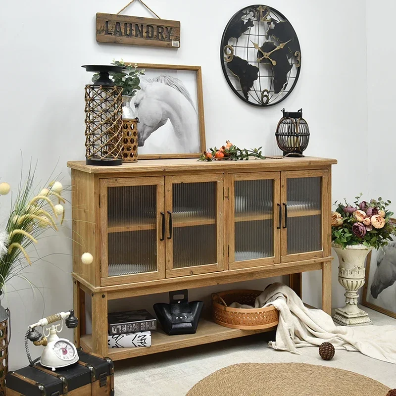 INNOVA  Vintage Rustic 4 Glass Doors Solid Wood Handmade Sideboard Storage Cabinet With Shelf