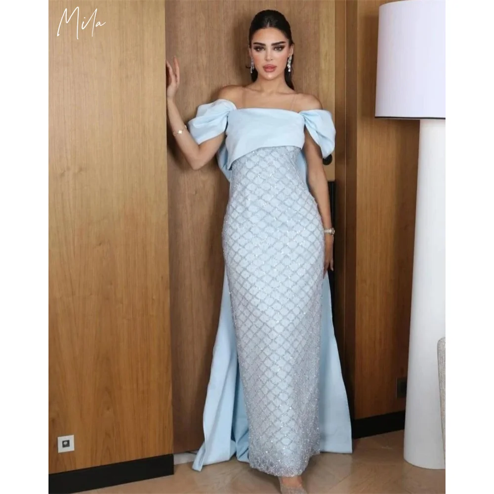 

Мила Небесно-голубое блестящее платье для выпускного вечера, шаль с открытыми плечами, индивидуальный вечер, элегантное платье длиной до пола, платья de fiesta 2025