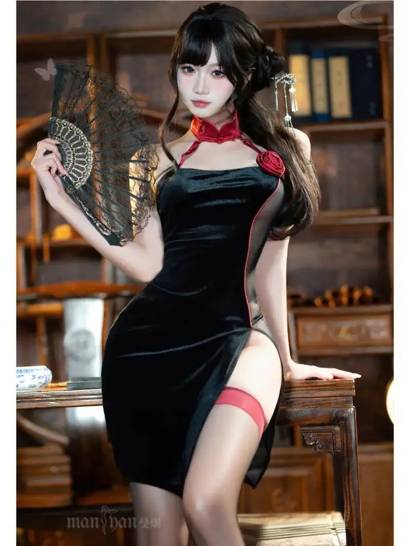 Sexy Lingerie Female Sexy Hanging Neck Buckle Stand Collar Sheer Mesh Lace Beautiful Back Rose Slit Cheongsam Uniform 7PVH