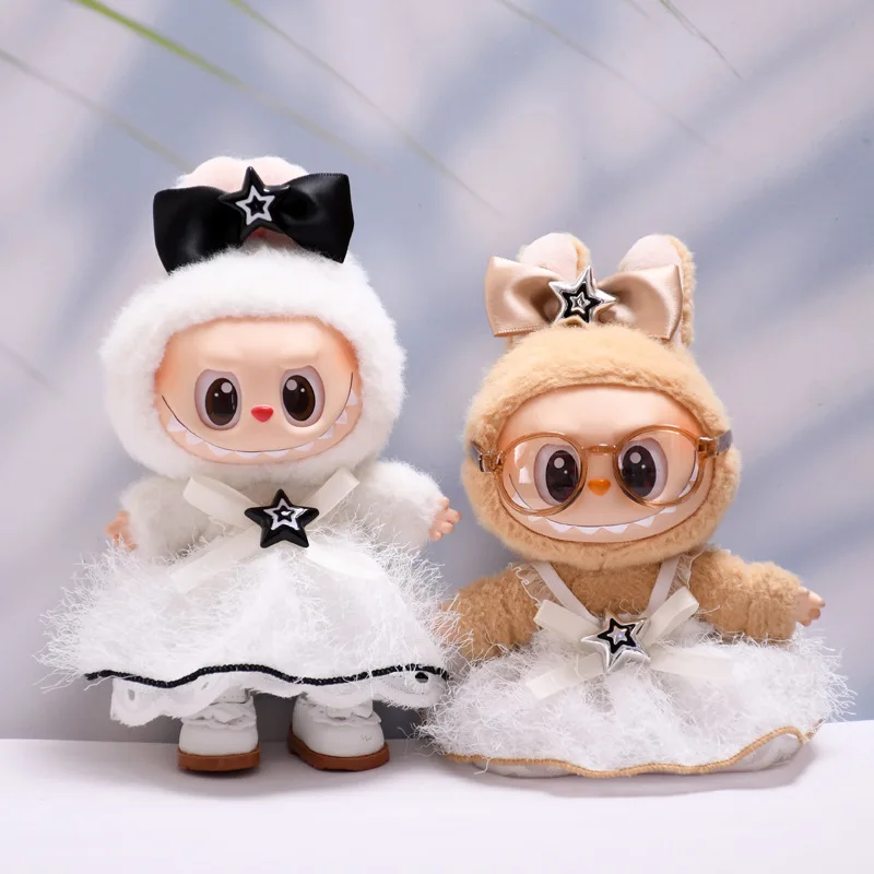 Labubu Doll Clothes White and Black Starry Furry Dress 15/17cm Plush Doll'S Clothes Replacement Sitting Party Accessories